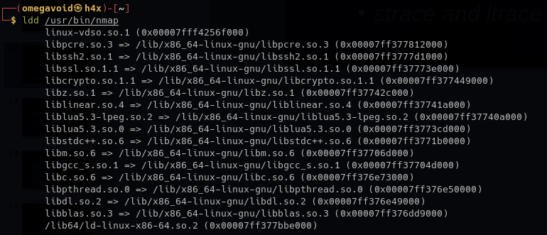 ldd showing libraries required by nmap