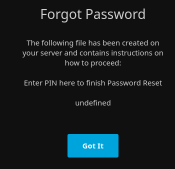 Jellyfin Password Recovery PIN message